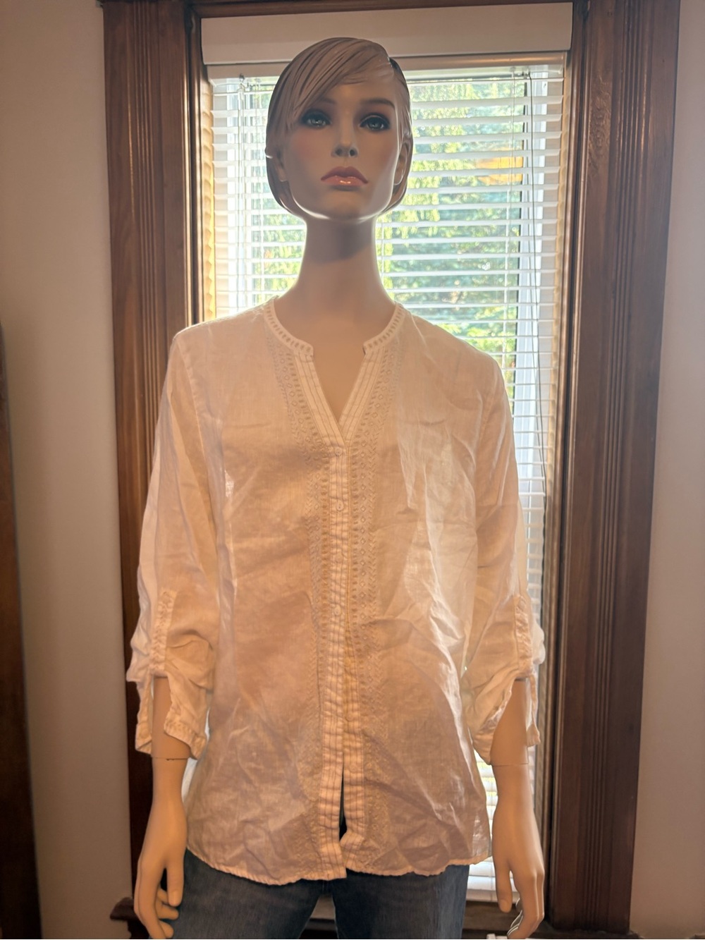 Women's White Embroidered Split-Neck Tunic